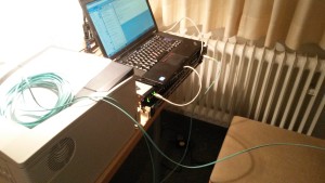 Testaufbau Laptop T60 mit 2 Switch und Verbindung via Glasfaser (mit je Switch einem GBIC)