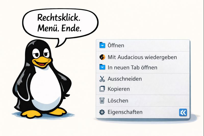Pinguin mit Kontextmenü und der Aussage: Unter Linux reicht ein Klick